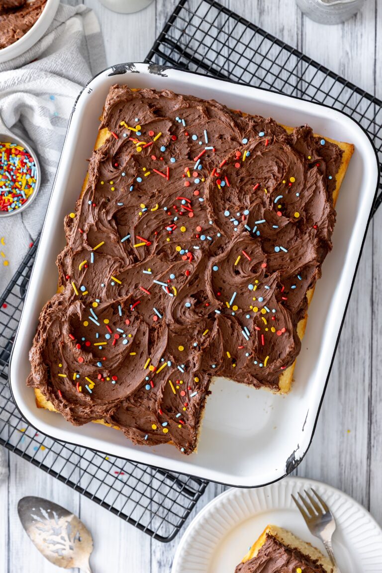 High Altitude Yellow Sheet Cake with Fudgy Frosting & Sprinkles (aka the “because we’re alive and that’s enough” cake)