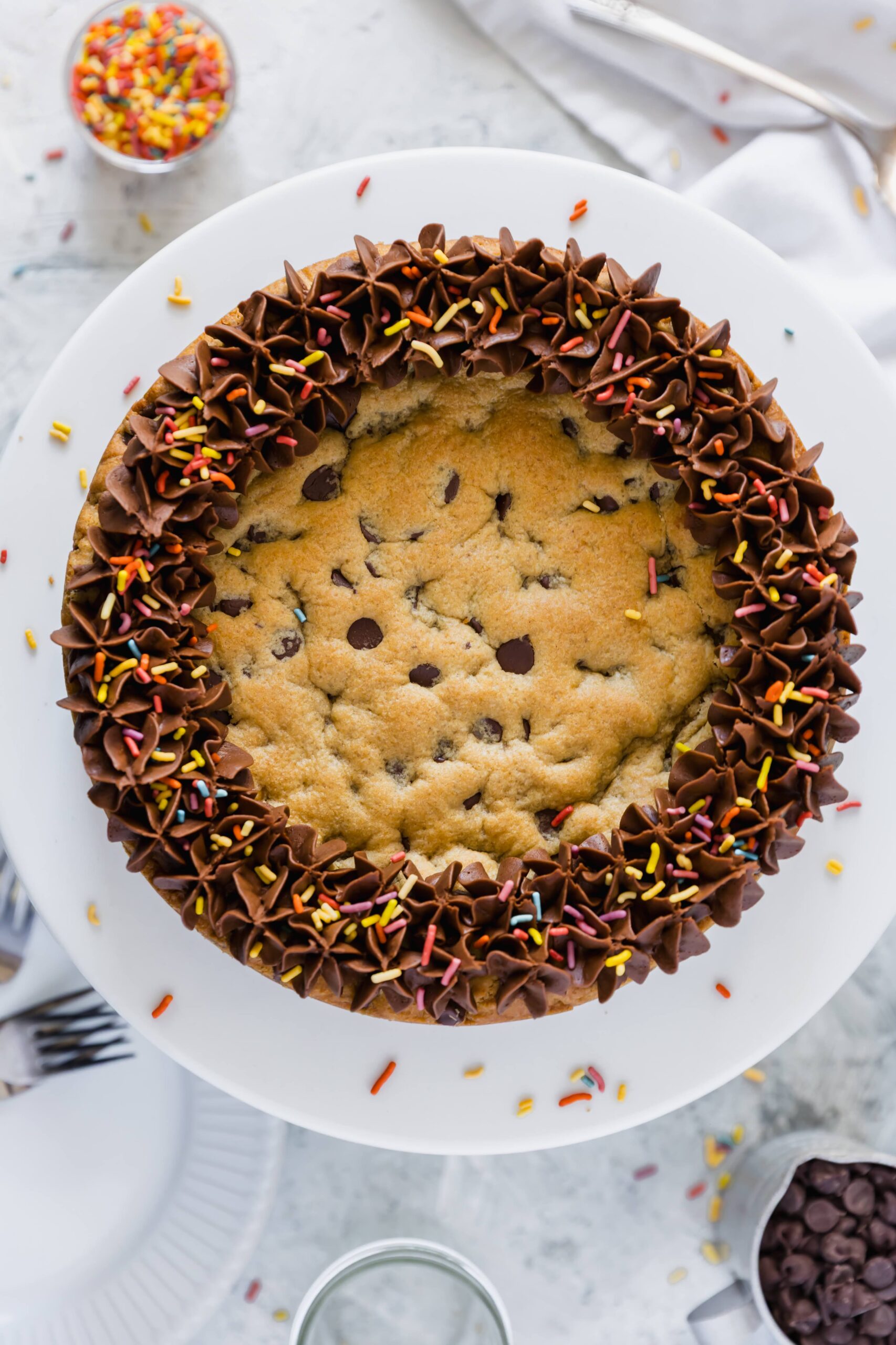 High Altitude Chocolate Chip Cookie Cake with Chocolate Frosting (aka: The “Food Court Dreams, Adult Emotions” Cake)