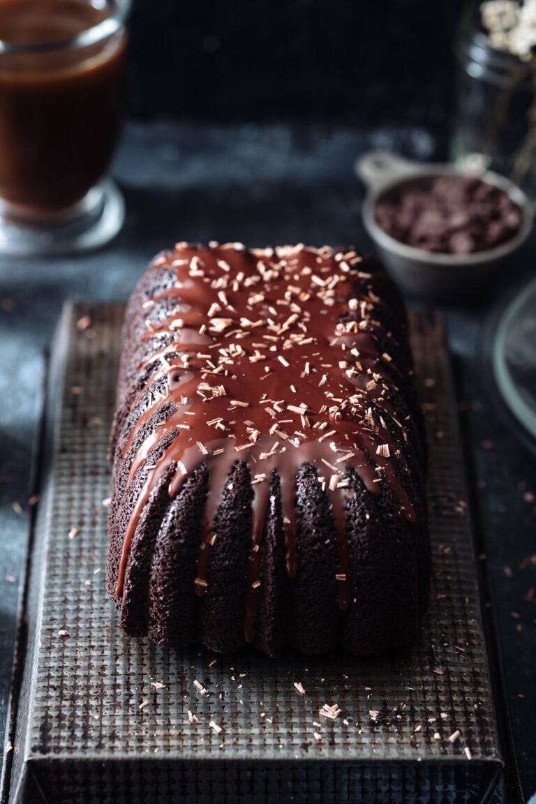 High Altitude Chocolate Sour Cream Pound Cake Loaf with Chocolate Ganache Glaze
