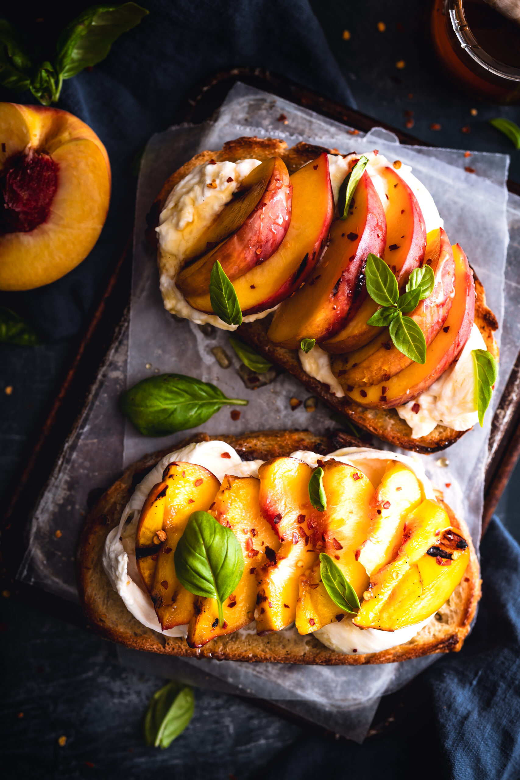 Grilled Peach and Burrata Toast with Honey & Basil